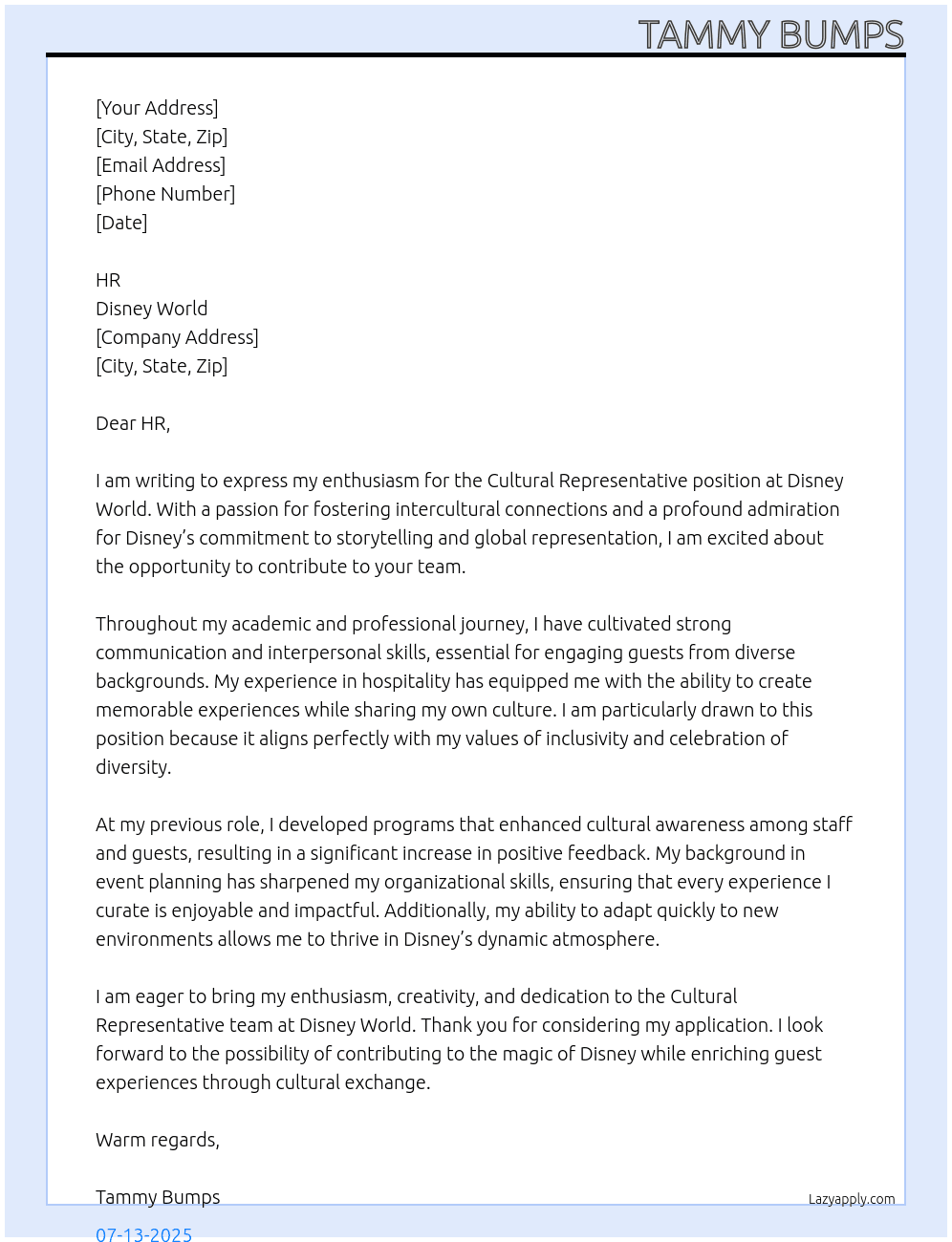 Cultural Representative At Disney World Cover Letter