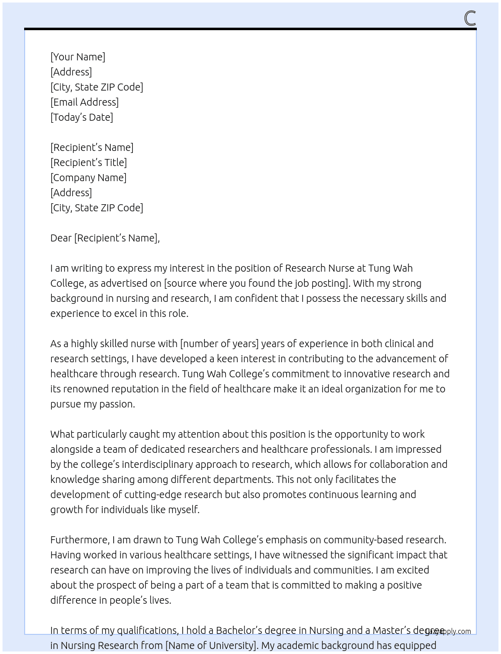 research nurse At Tung Wah College Cover Letter