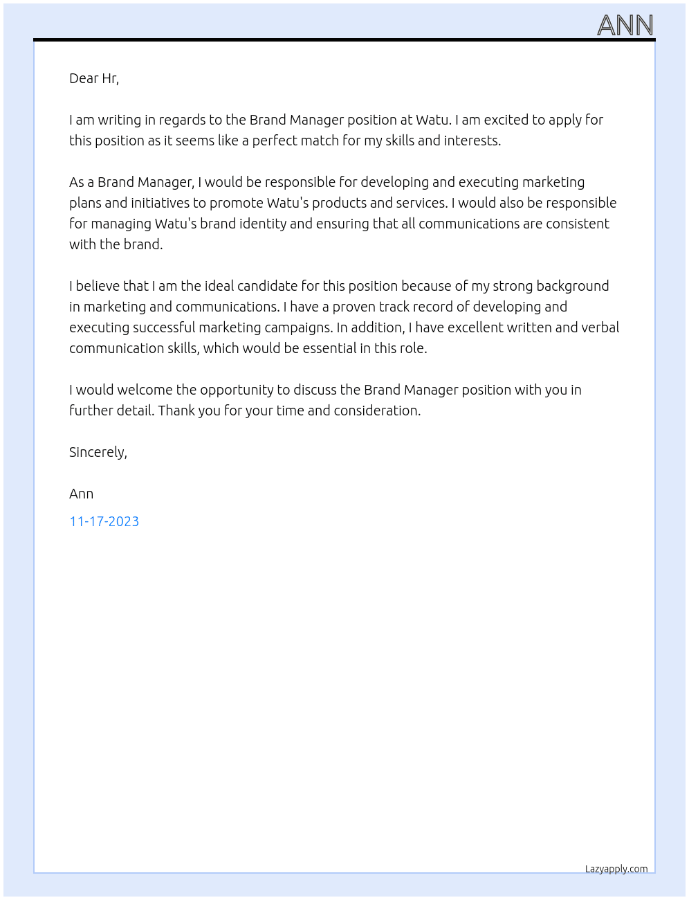 Brand Manager At Watu Cover Letter