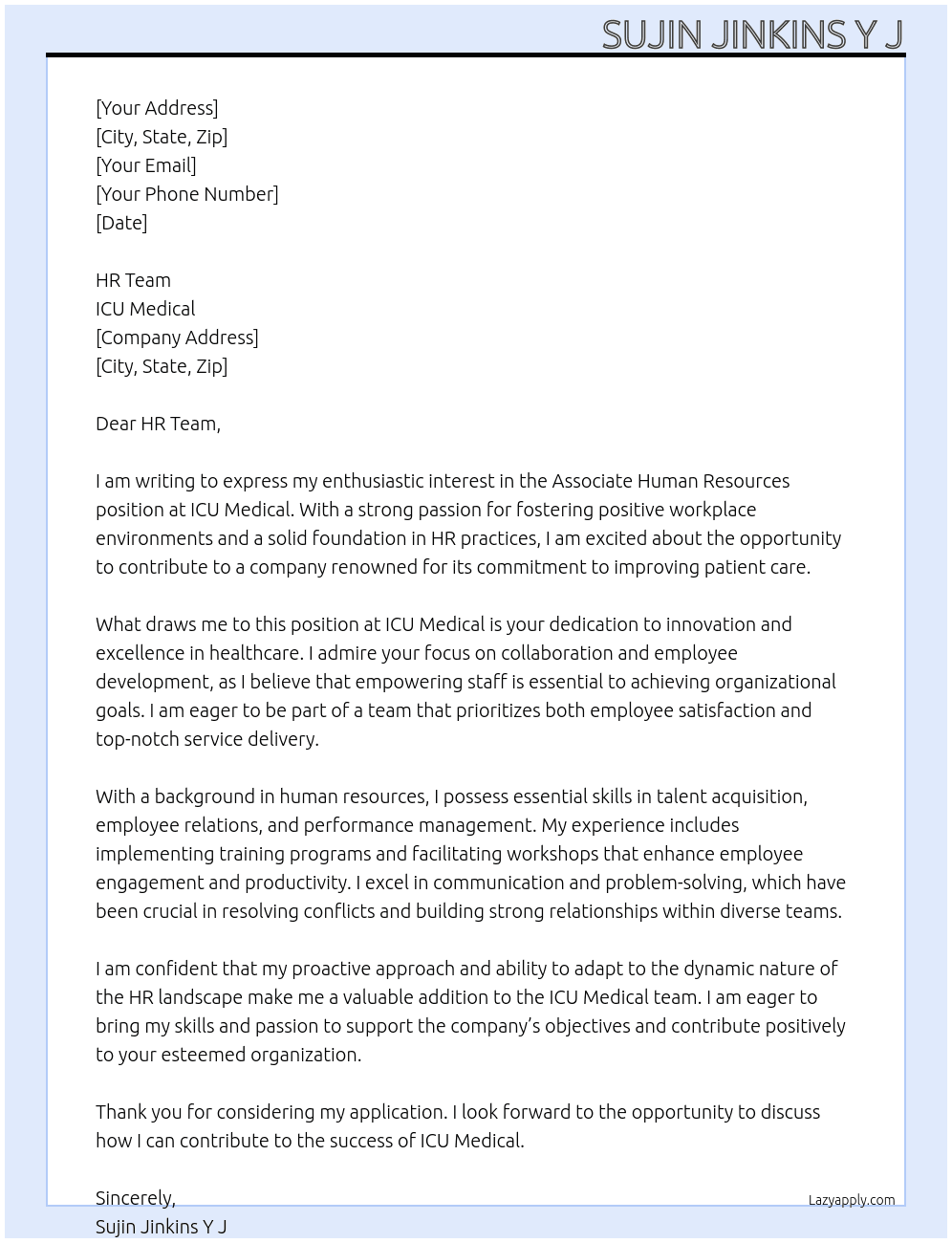 Associate Human Resources At ICU Medical Cover Letter