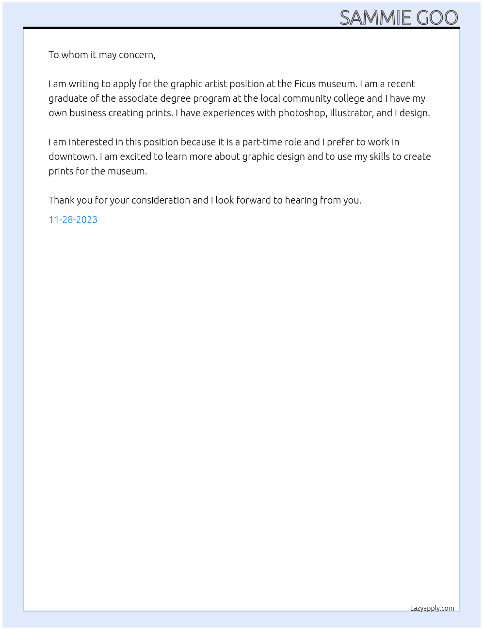 Graphic artist  At Ficus museum  Cover Letter