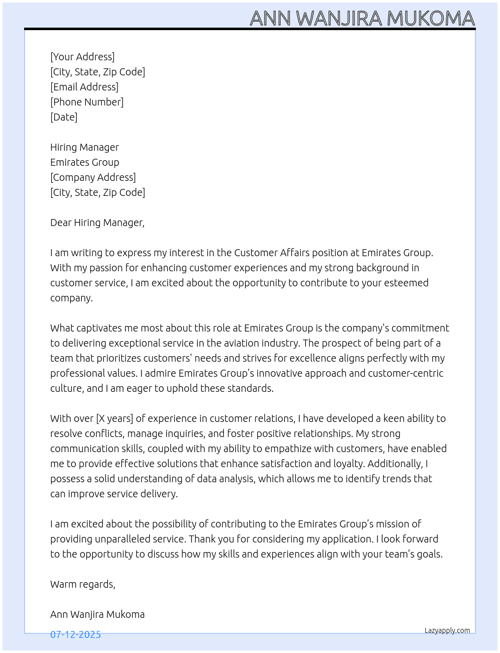 Cover letter for customer affairs - LazyApply