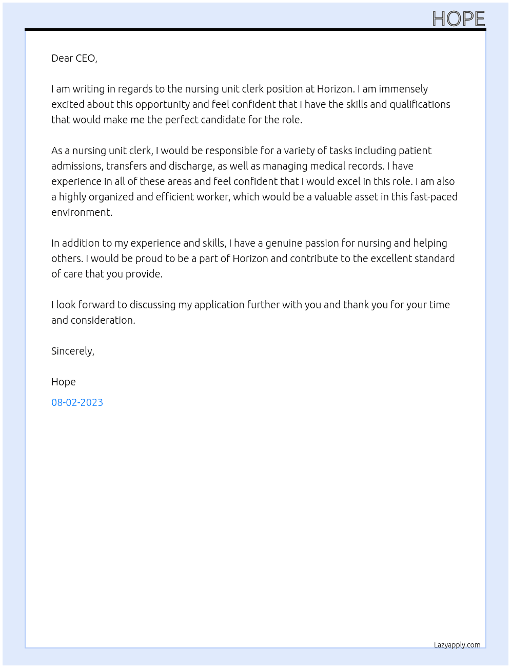 Nursing unit clerk At Horizon Cover Letter