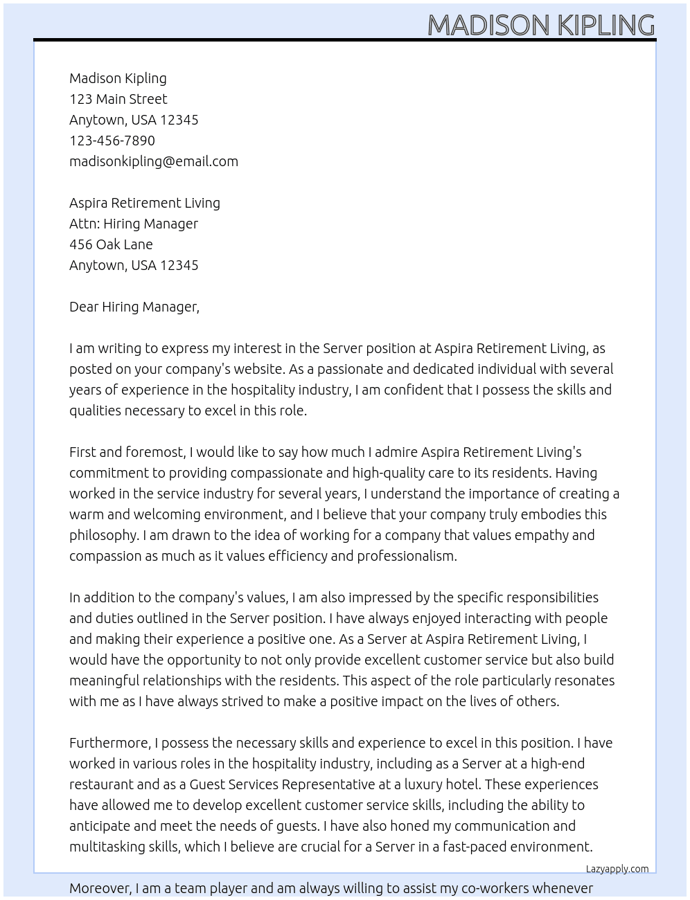 Server At Aspira Retirement Living Cover Letter