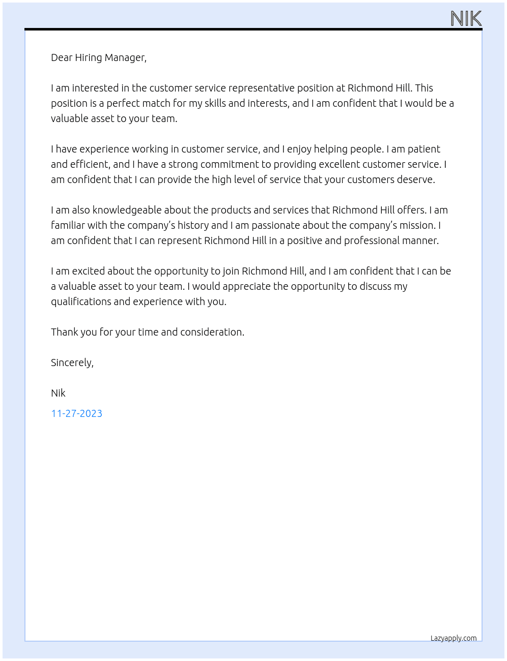 Customer Service Representative At Richmond Hill Cover Letter
