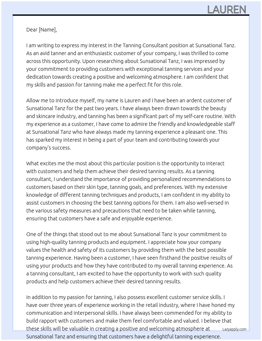 Tanning Consultant At Sunsational Tanz Cover Letter