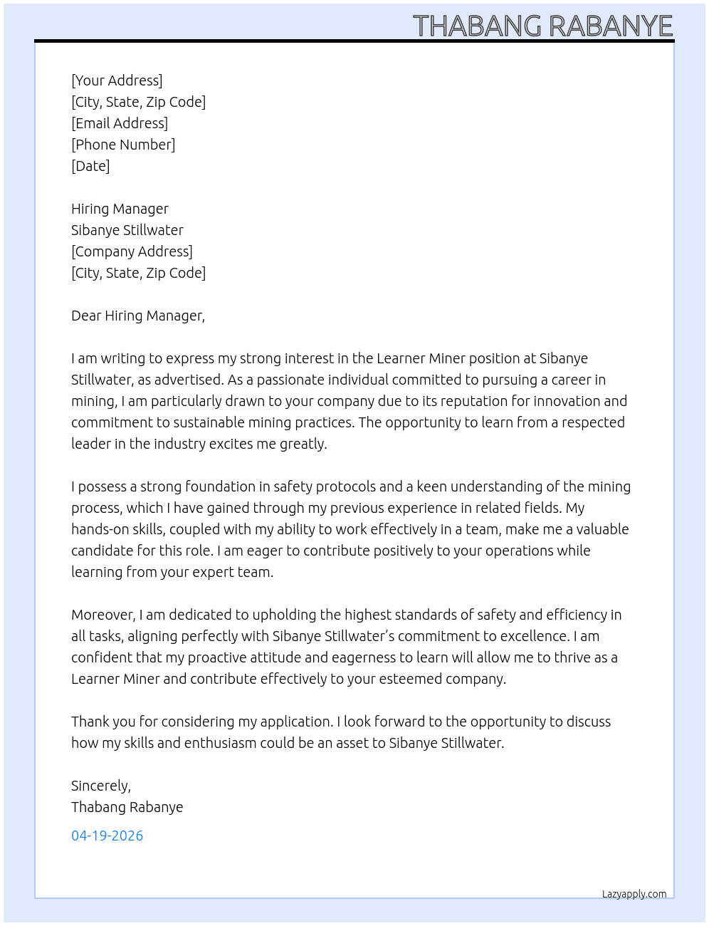 Learner Miner At Sibanye Stillwater Cover Letter