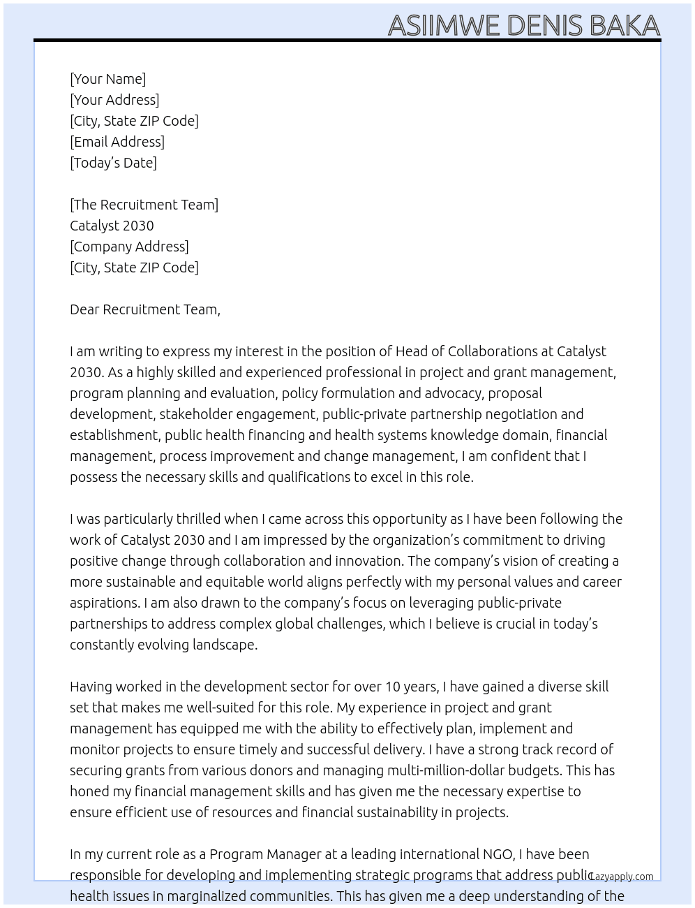 Head of Collaborations At Catalyst 2030 Cover Letter