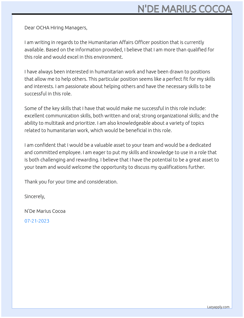 HUMANITARIAN AFFAIRS OFFICER At OCHA Cover Letter