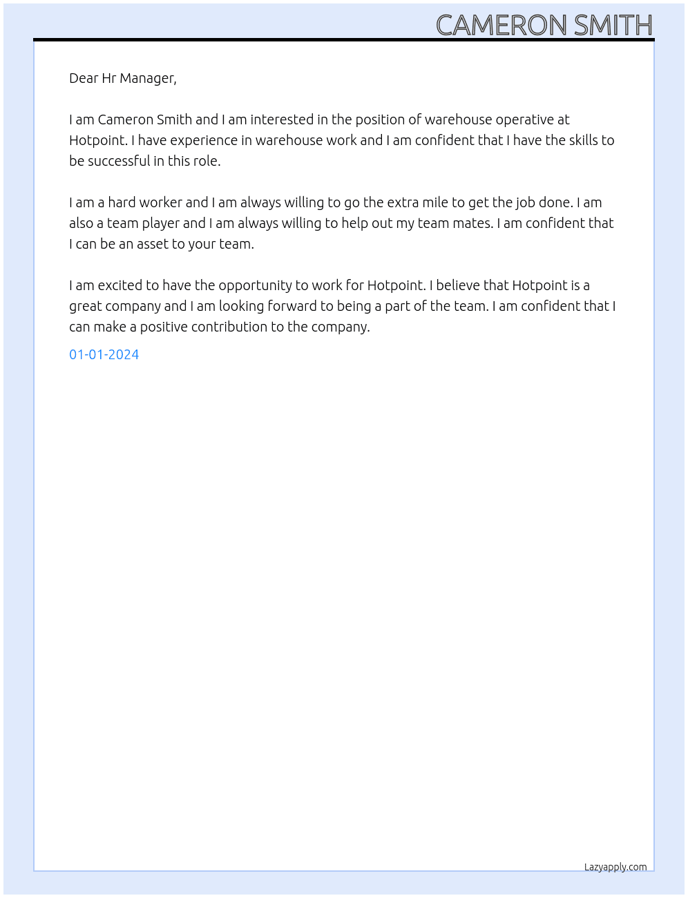 Warehouse operative At Hotpoint Cover Letter
