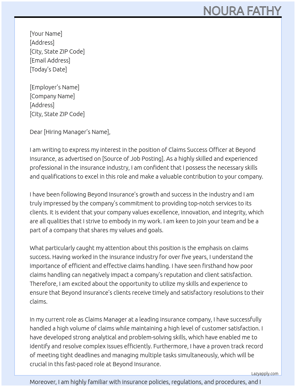 claims success officer At beyond insurance Cover Letter