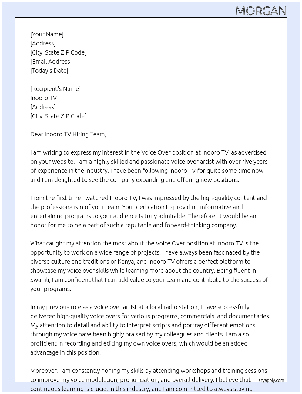 voice over At inooro tv Cover Letter
