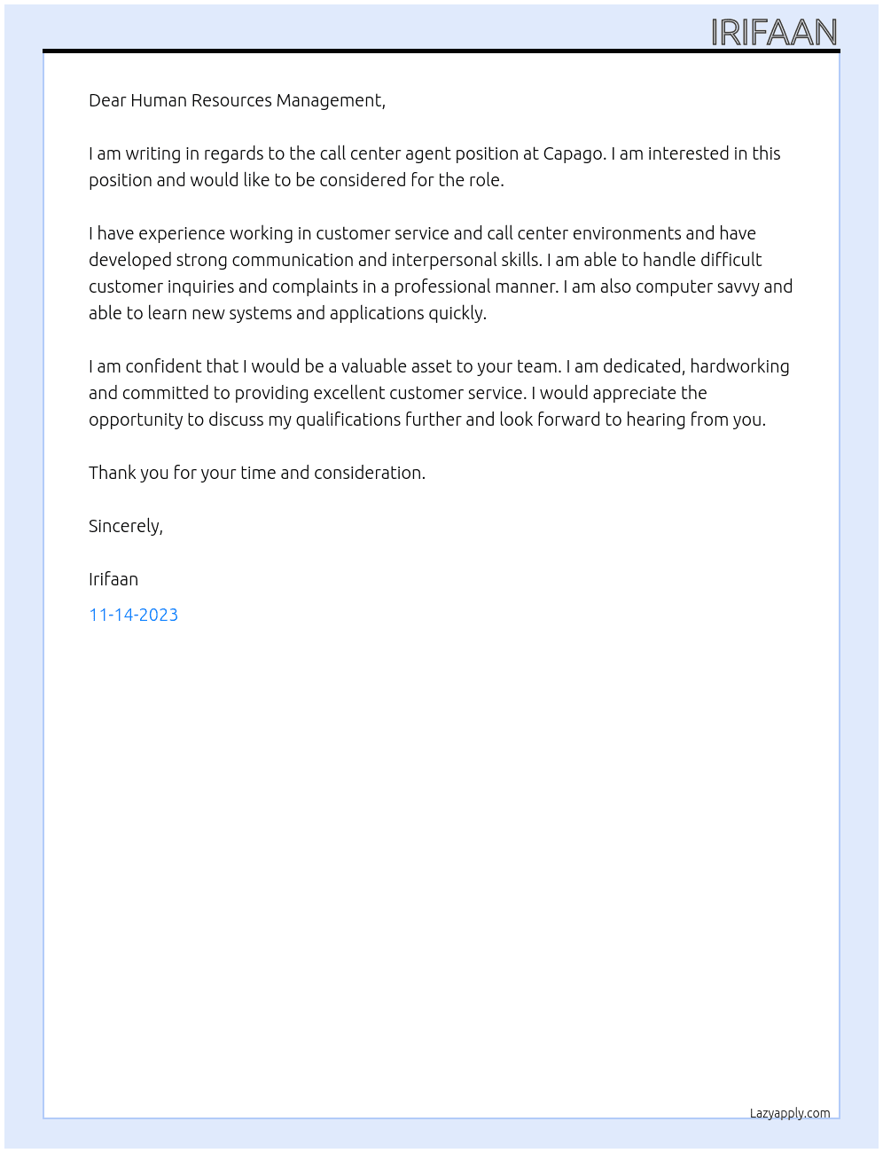 Call Center Agent At Capago Cover Letter