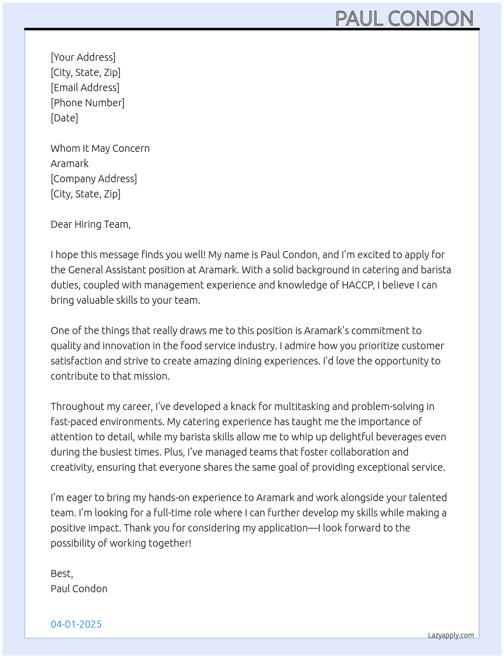 General assistant  At Aramark Cover Letter