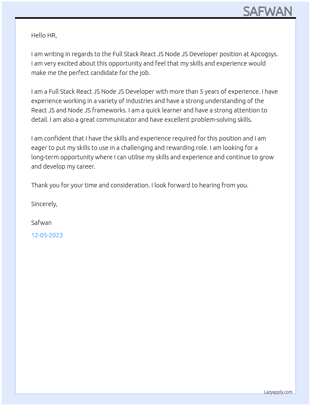 Full stack react js node js developer  At Apcogsys Cover Letter