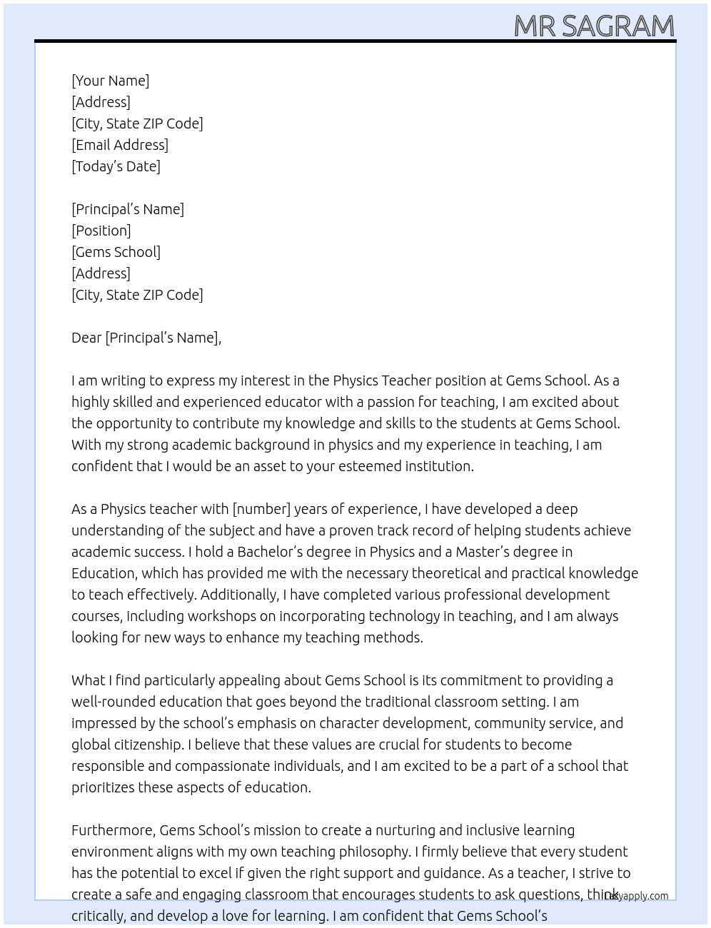 Physics teacher  At Gems school  Cover Letter