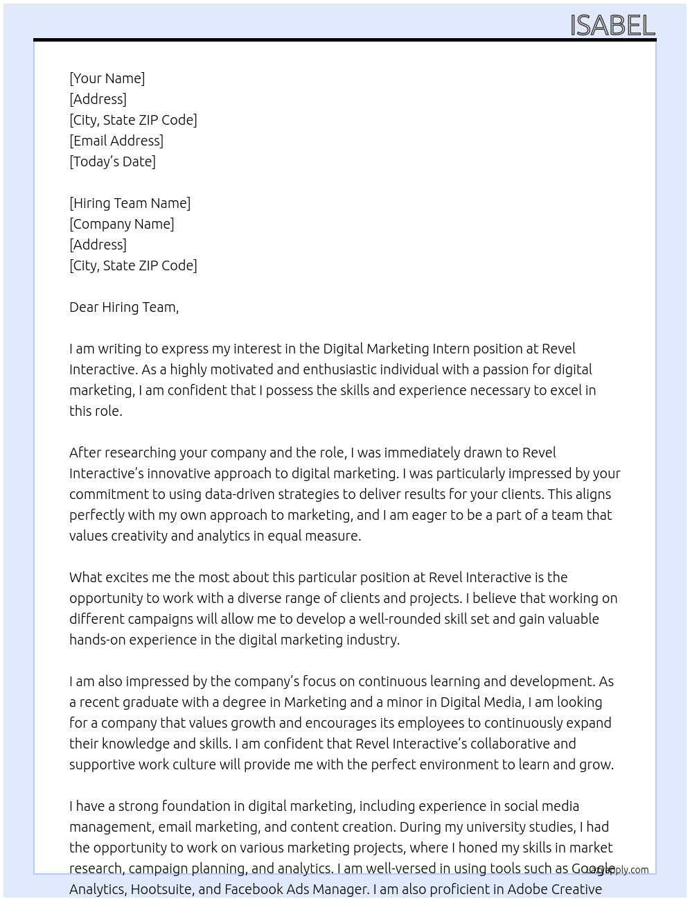 Digital Marketing Intern At Revel Interactive Cover Letter