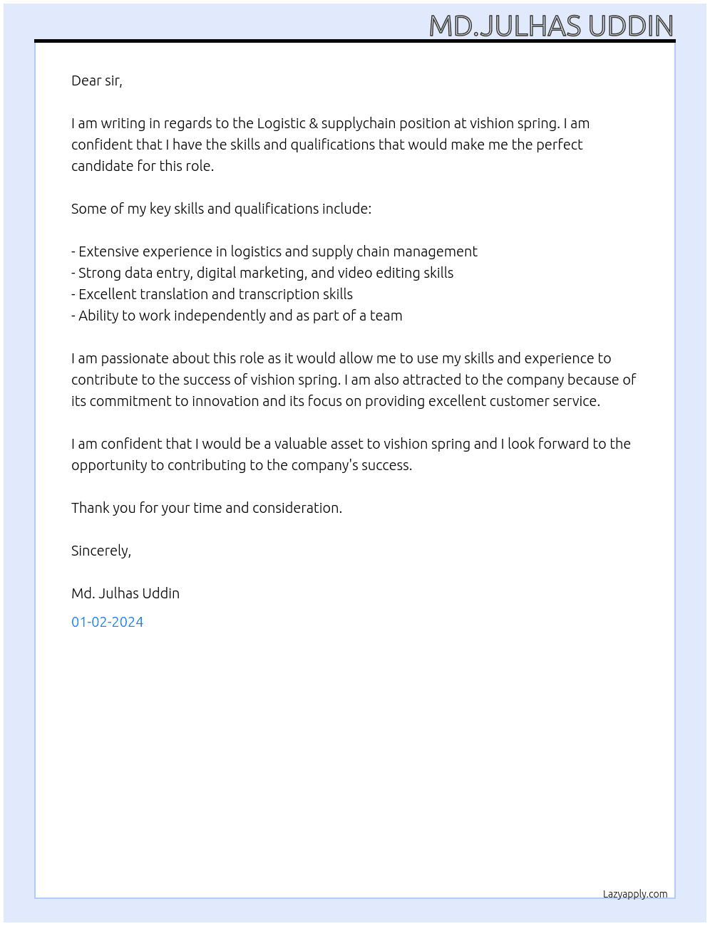 Logistic & supplychain At vishion spring Cover Letter