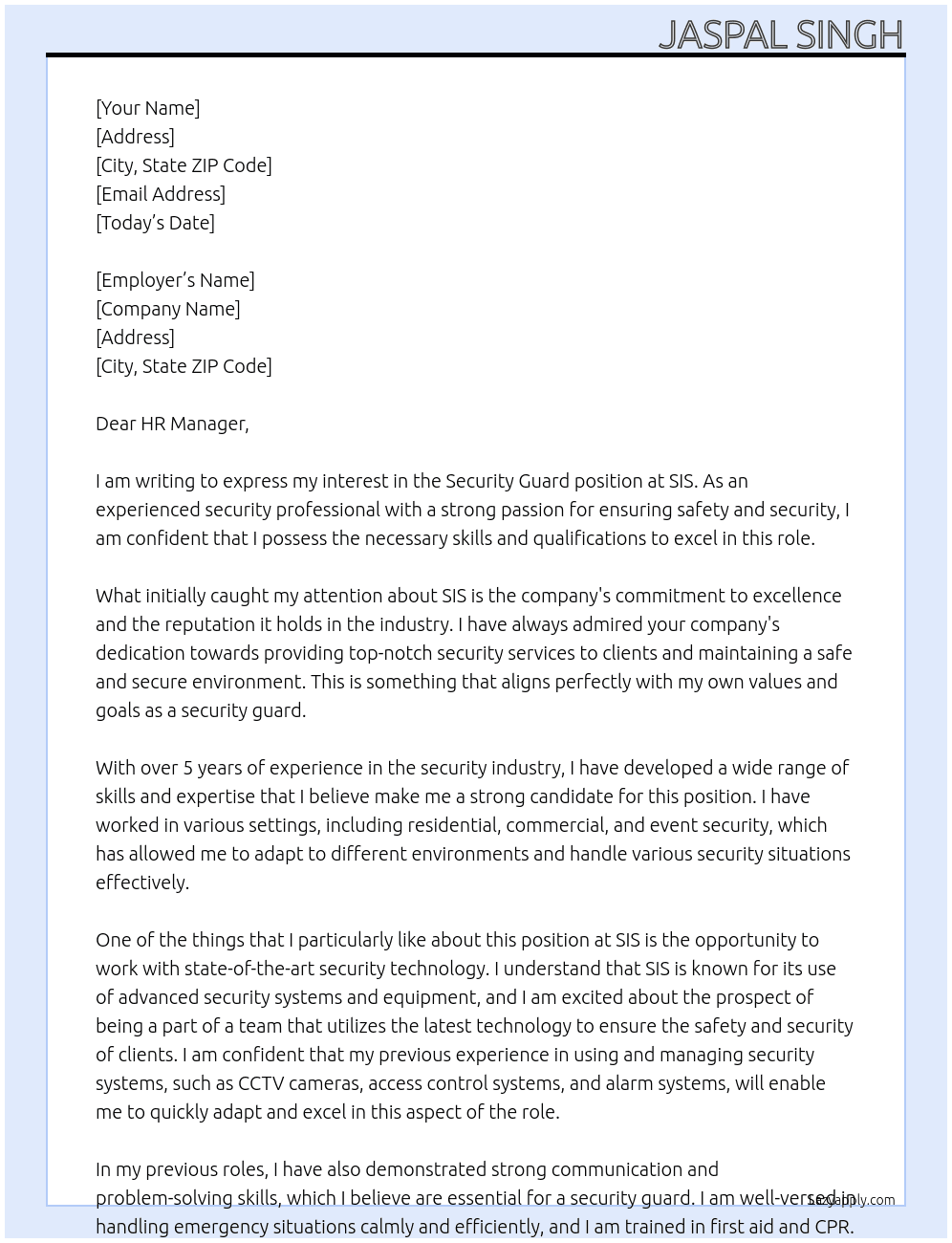 security guard  At SIS Cover Letter