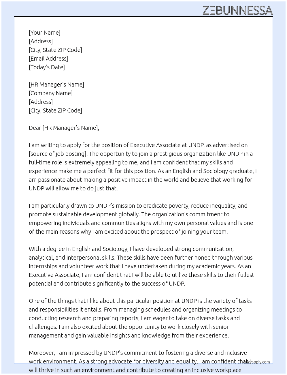 Executive Associate At undp Cover Letter