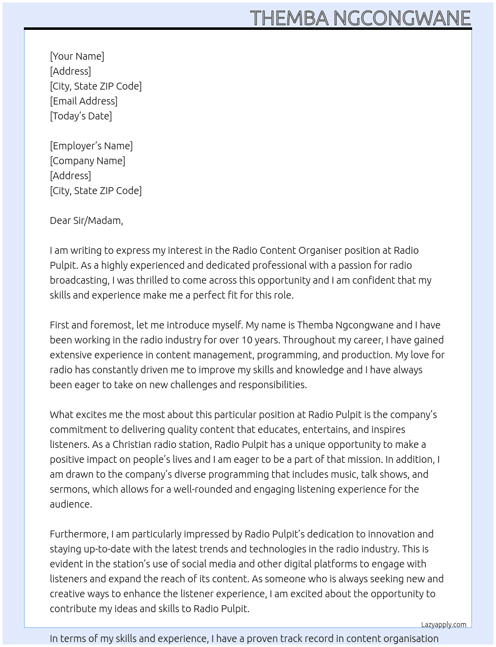 Radio Content Organiser At Radio Pulpit Cover Letter