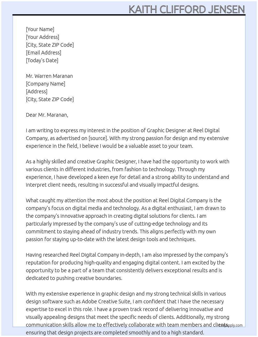 Graphic Designer At Reel Digital Company Cover Letter