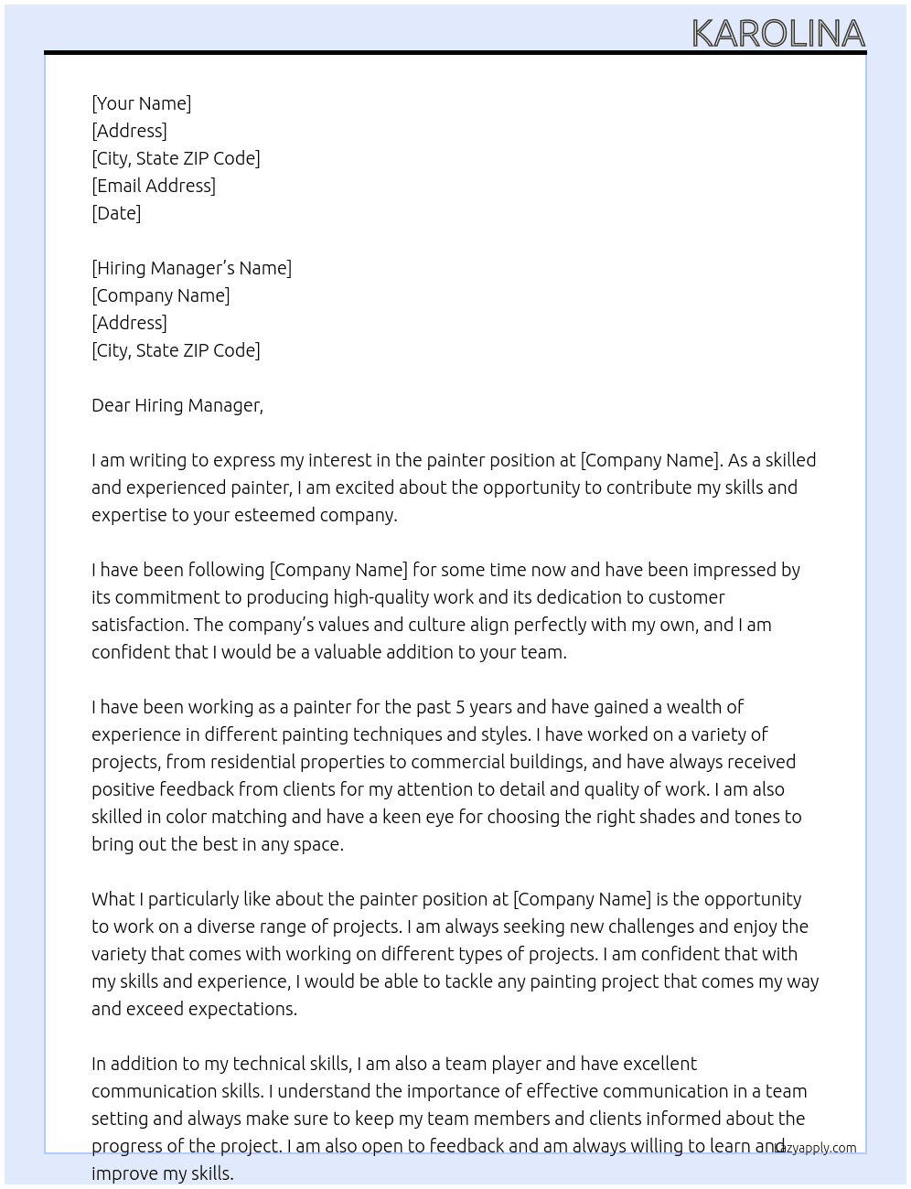 painter At xxx Cover Letter