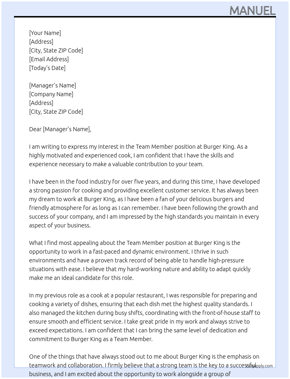 team member At burger king  Cover Letter