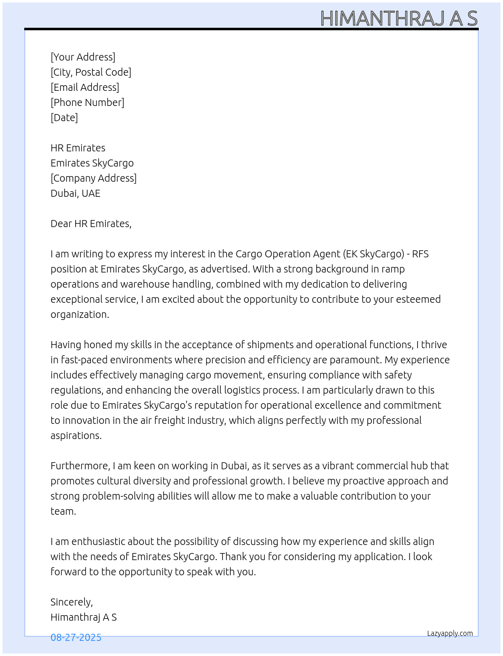Cargo Operation Agent (EK SkyCargo) - RFS At Emirates Sky Cargo Cover Letter