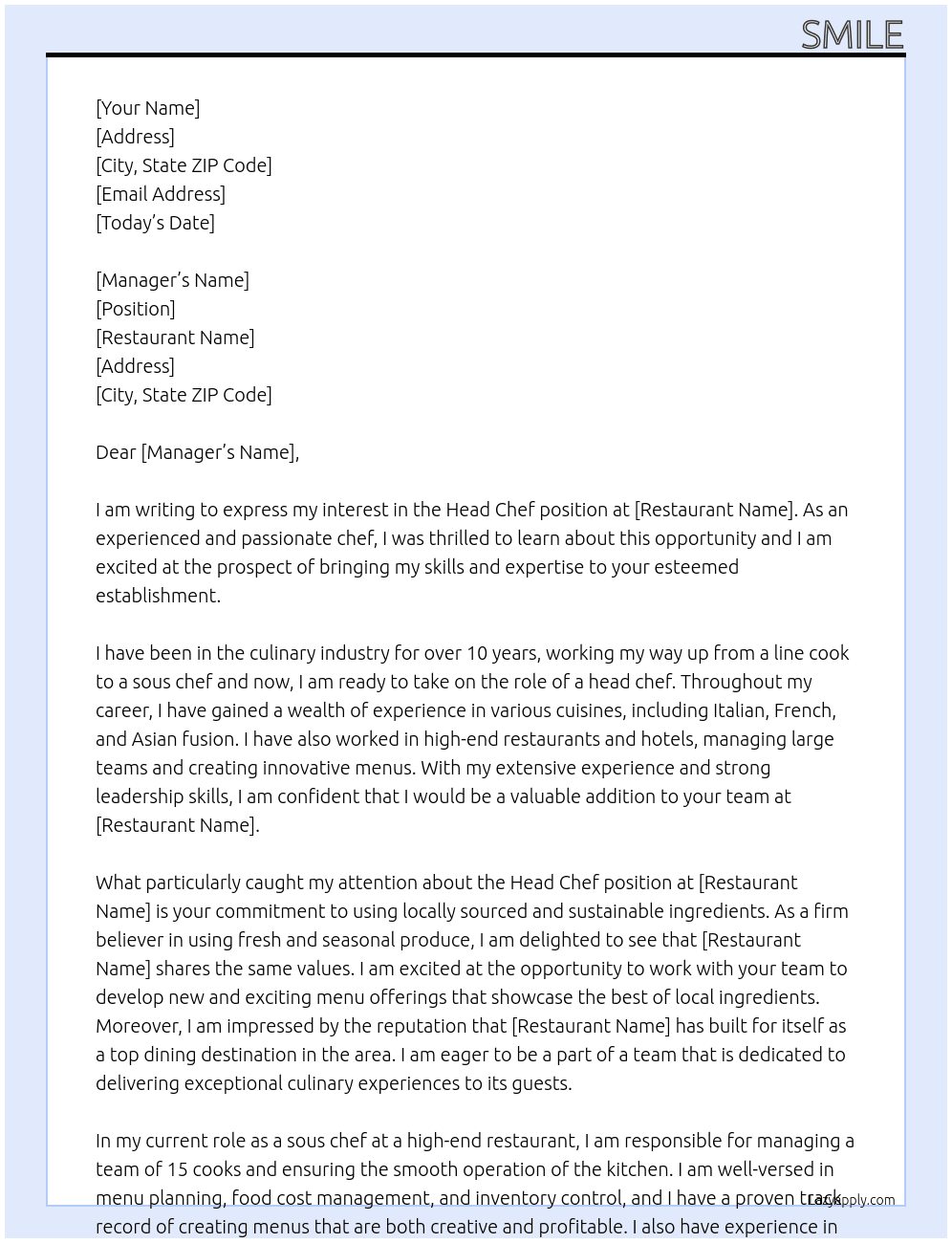 head chef At reastaurent Cover Letter