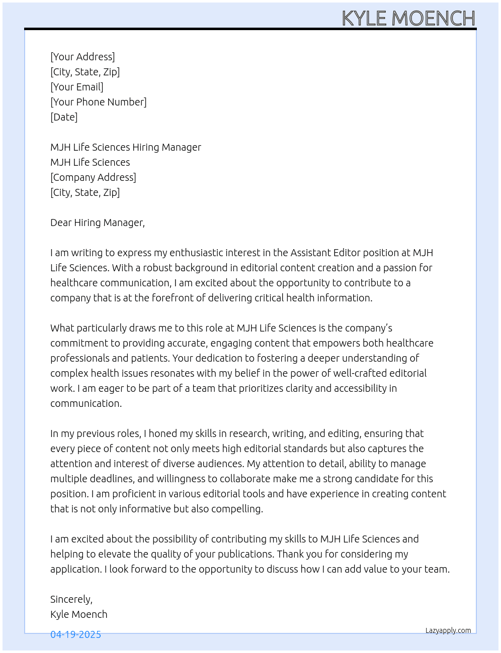 Assistant Editor At MJH Life Sciences Cover Letter