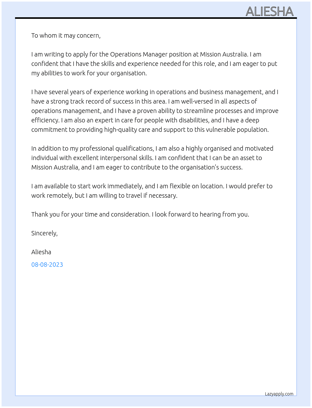Operations manager At Mission Australia  Cover Letter