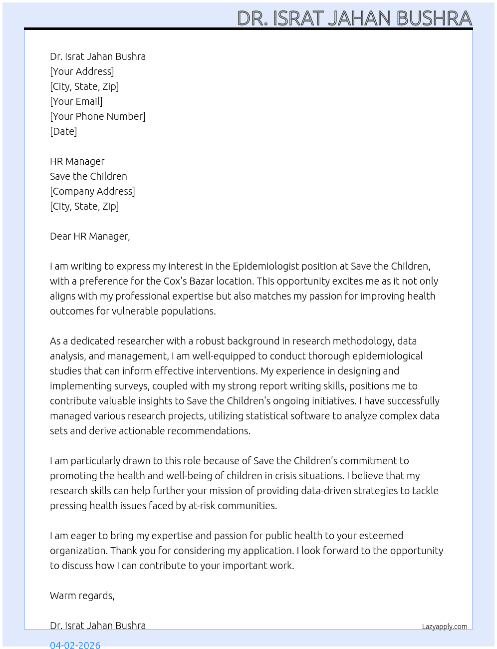 Cover letter for epidemiologist - LazyApply