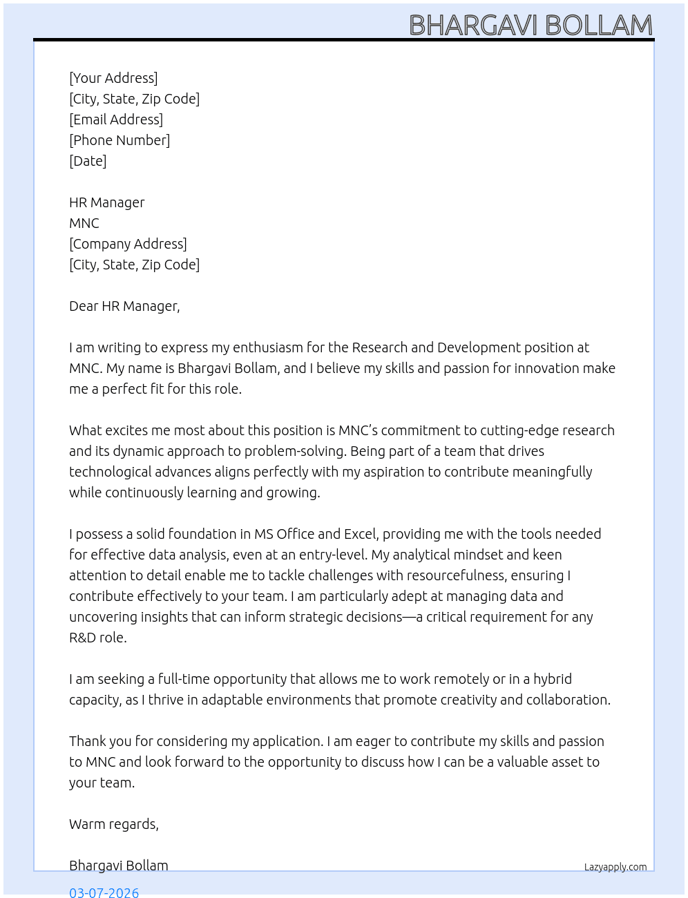 Research and development At MNC Cover Letter