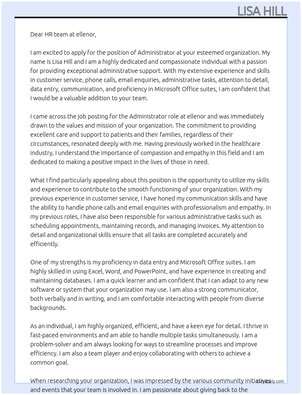 Administrator At ellenor Cover Letter