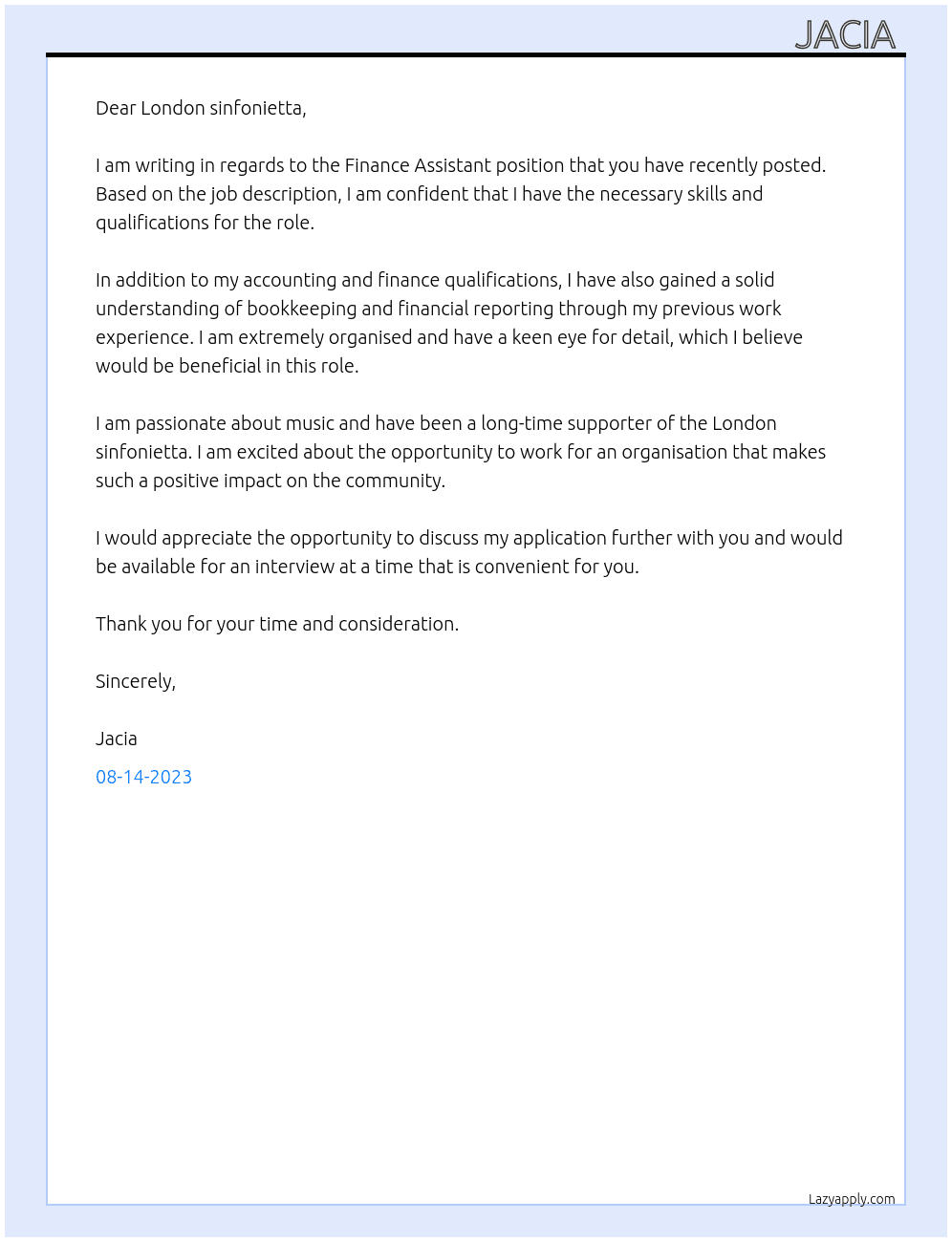 Finance Assistant  At London sinfonietta  Cover Letter