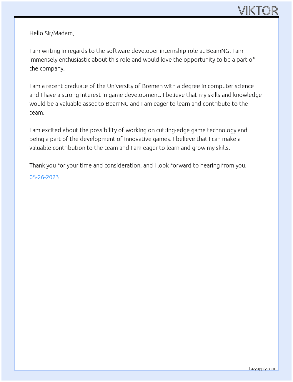 software developer At BeamNG Cover Letter