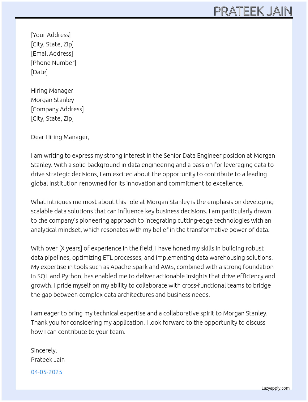 Senior Data Engineer At Morgan Stanley Cover Letter