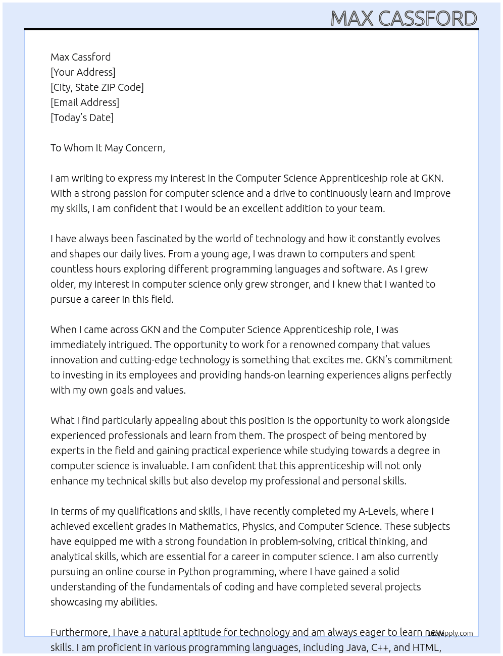 Computer science  At GKN Cover Letter