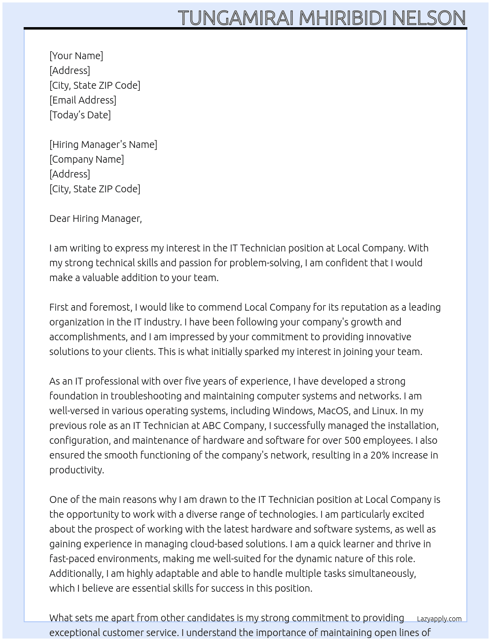 IT Technician At Local company Cover Letter