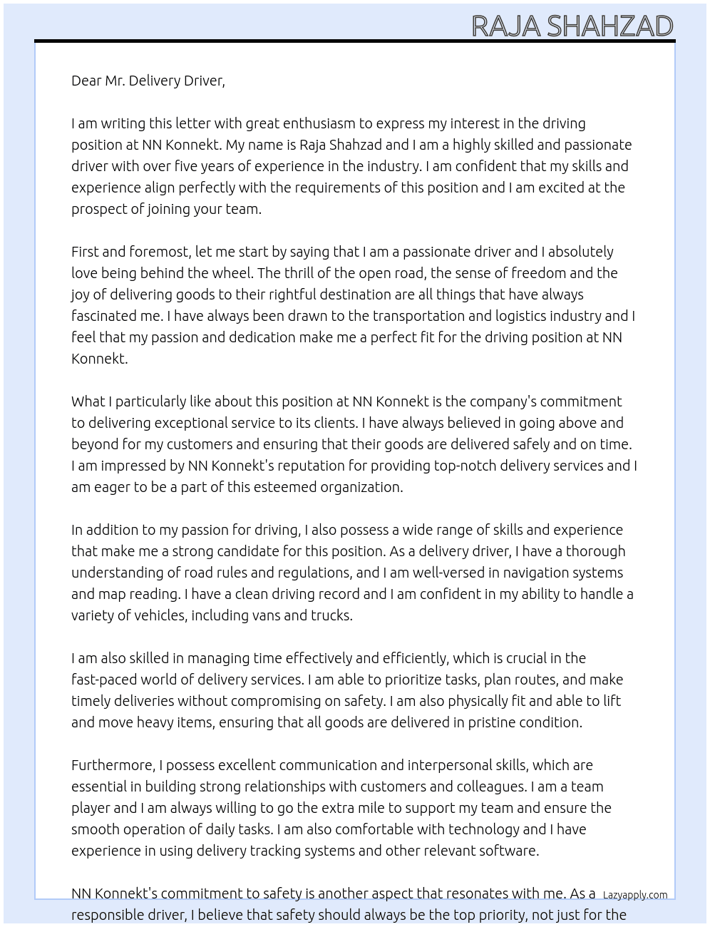 driving At NN KONNEKT Cover Letter