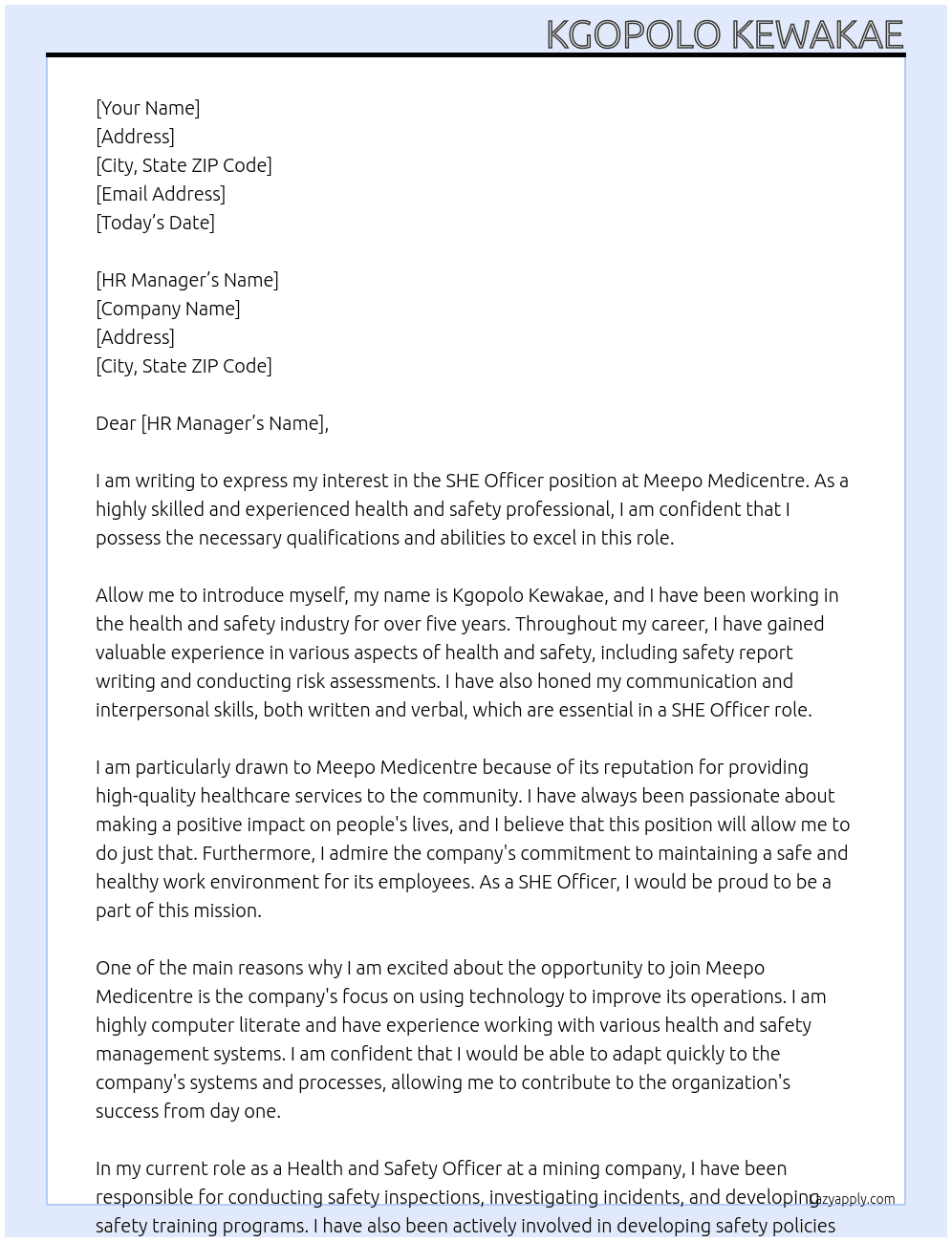 SHE OFFICER At MEEPO MEDICENTRE Cover Letter