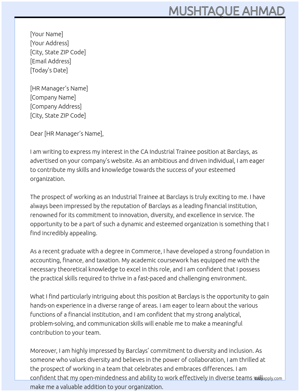 CA Industrial Trainee At Barclays Cover Letter