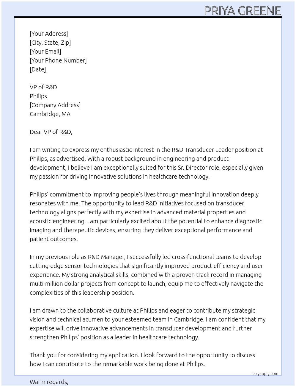R&D Transducer Leader At Philips Cover Letter
