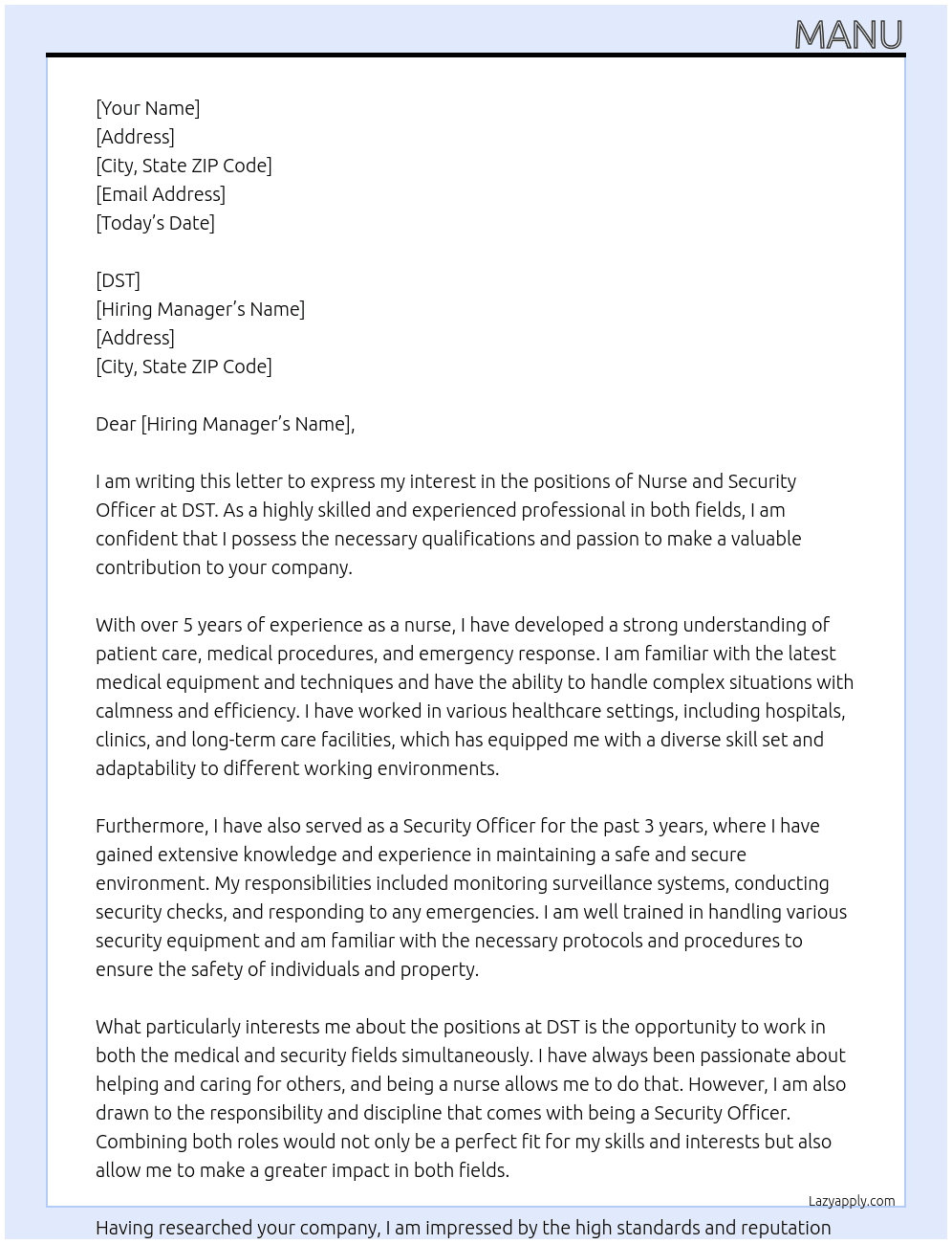 nurse and security officer At dst Cover Letter