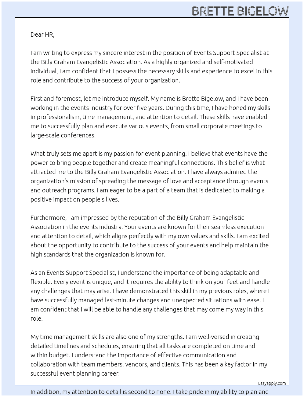 Events Support Specialist At Billy Graham Evangelistic Association  Cover Letter
