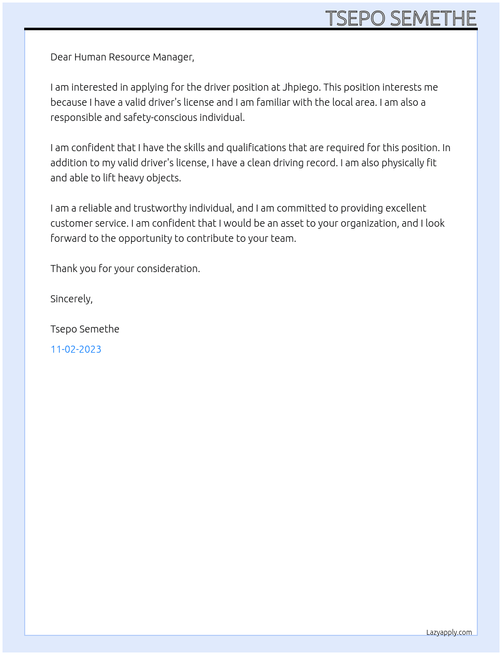 Driver Position At Jhpiego Cover Letter