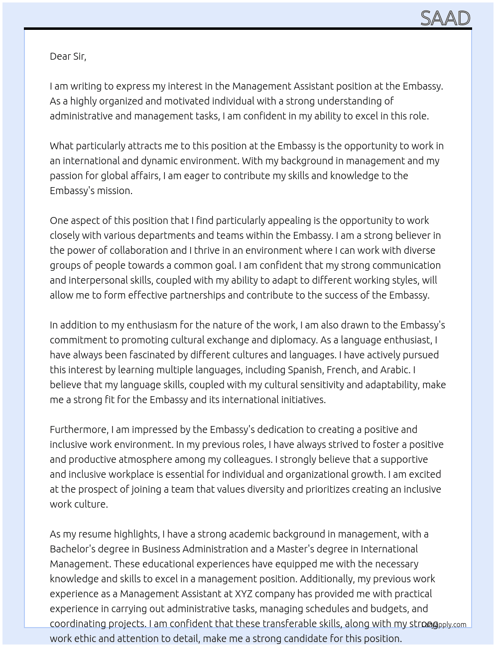 Management Assistant At Embassy Cover Letter