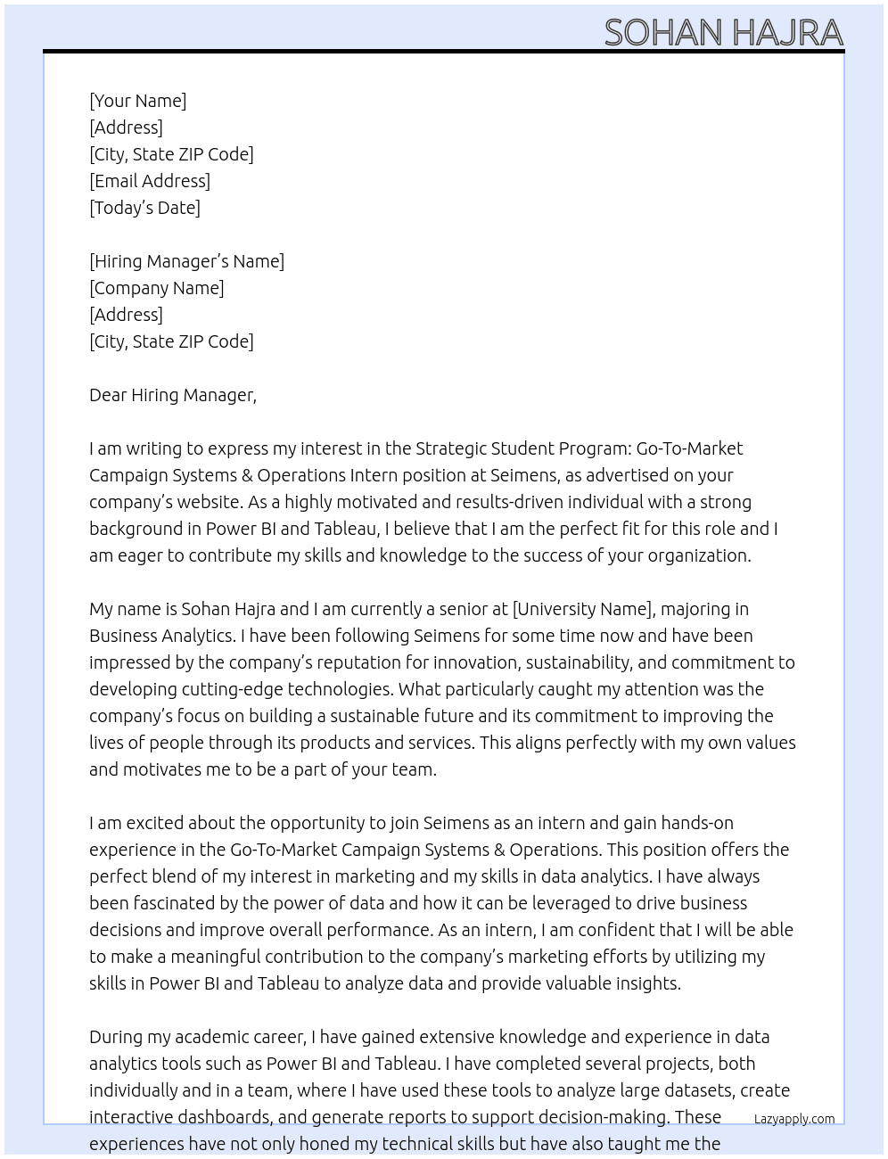 Strategic Student Program: Go-To- Market Campaign Systems & Operations Intern  At Seimens Cover Letter