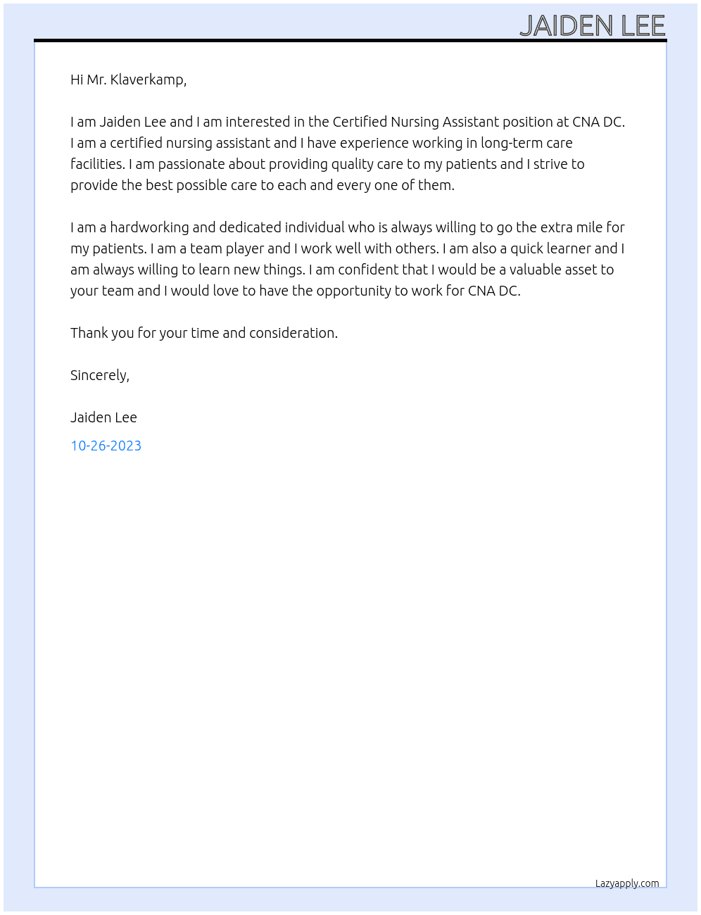 Certified Nursing Assistant At CNA DC Cover Letter